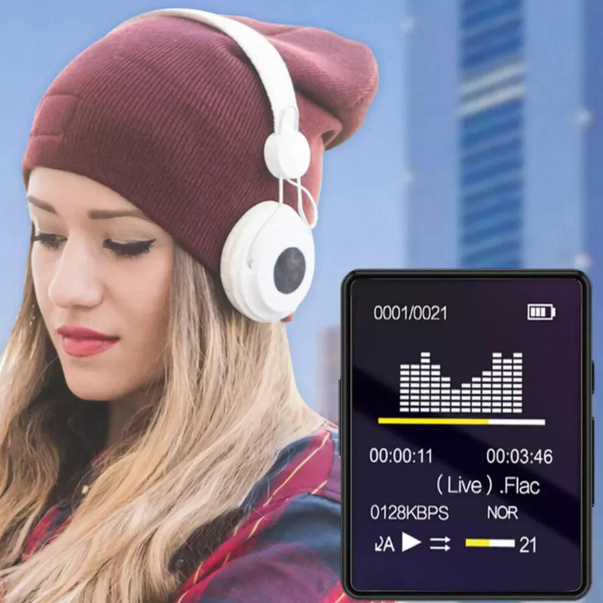 White over-ear headphones with digital display showing audio playback on 1.8-inch portable mp3 mp4 with bluetooth 5.0 internal speaker compatible up to 128 gb and sampling rate 8khz-48khz