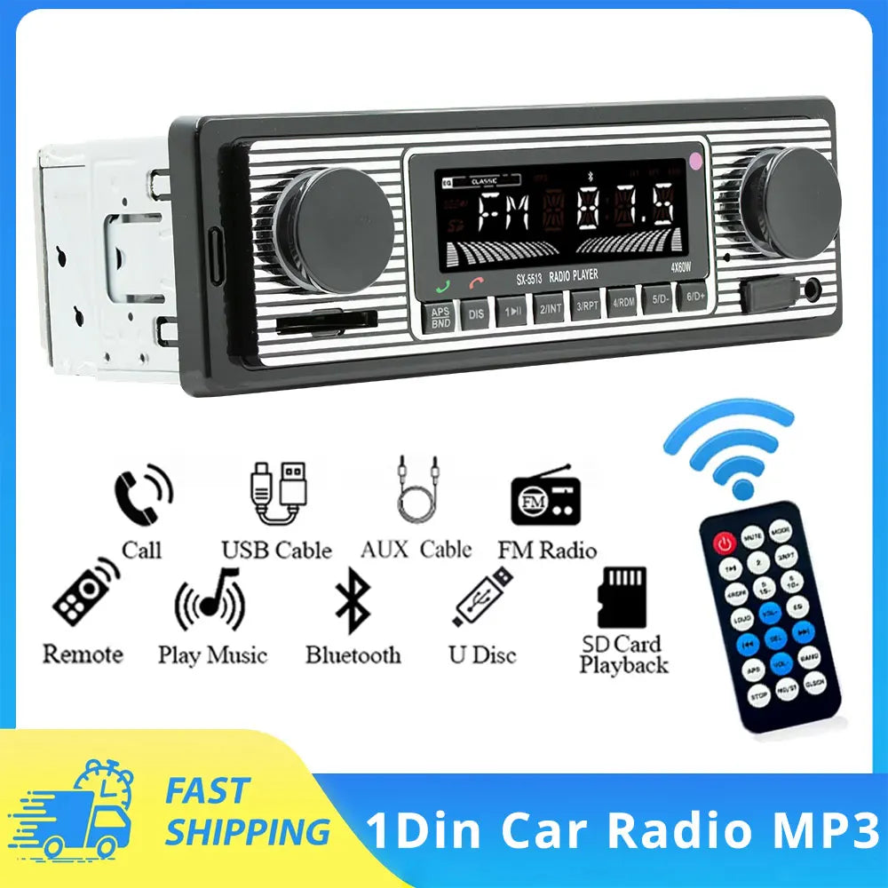 Black and silver 1din car radio mp3 player vintage with dual knob digital bluetooth multimedia usb sd aux input