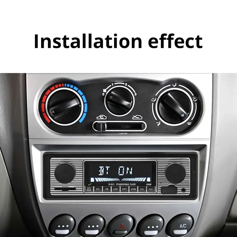 Black and silver 1 din car radio mp3 player vintage dual knob digital bluetooth audio stereo displaying bt on
