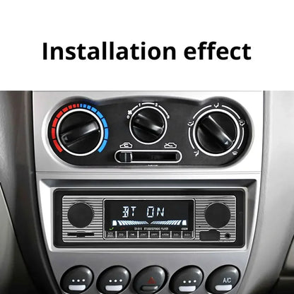 Black and silver 1 din car radio mp3 player vintage dual knob digital bluetooth audio stereo displaying bt on