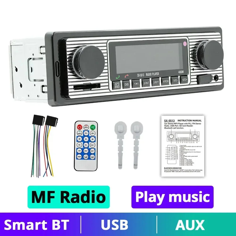 Black and silver 1 din car radio mp3 player vintage with dual knob digital bluetooth and USB SD AUX input in dash stereo