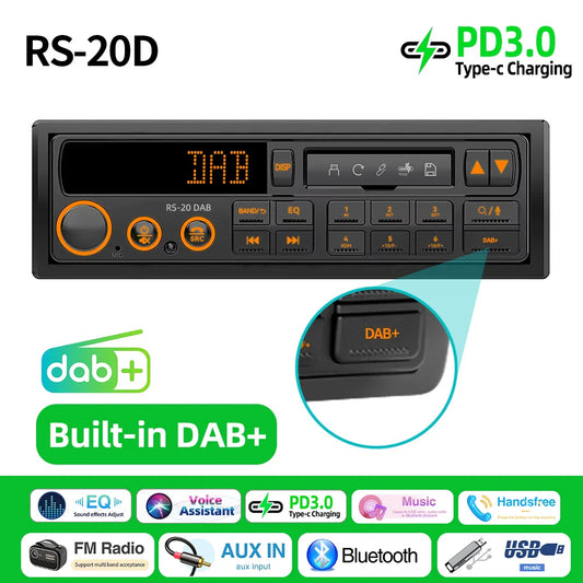 Black rs-20d 1 din mp3 retro style car radio with orange accents voice control 12v multimedia head unit usb tf player