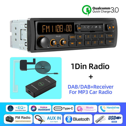Black 1din mp3 retro style car radio with orange display voice control 12v head unit usb qualcomm qc3.0 dab receiver