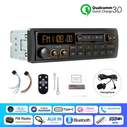 Black 1 din mp3 retro style car radio with orange display voice control 12v head unit usb qc3.0 and remote control