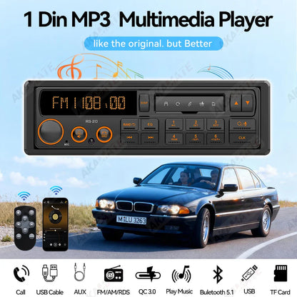 Black 1 din mp3 retro style car radio with orange illuminated buttons voice control 12v head unit usb multimedia stereo