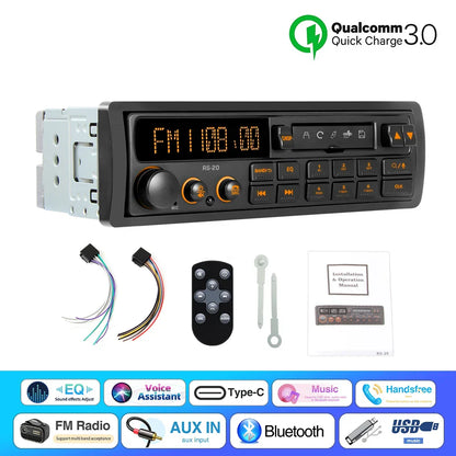 Black 1 din mp3 retro style car radio head unit usb with orange display voice control 12v for multimedia control
