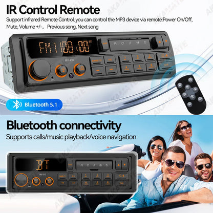 Black and orange 1 din mp3 retro style car radio with bluetooth 5.1 voice control 12v multimedia head unit usb tf player