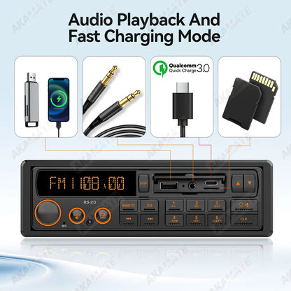 Black rs-20 1 din mp3 retro style car radio with voice control 12v, orange accents, head unit usb, aux, sd slots, and qc3.0 fast charging