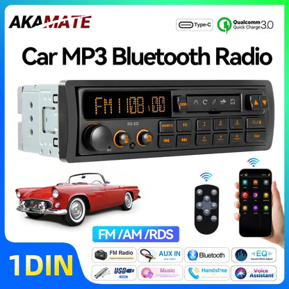 Black and silver akamate rs-20 1din car mp3 bluetooth radio with orange display featuring voice control 12v multimedia head unit usb
