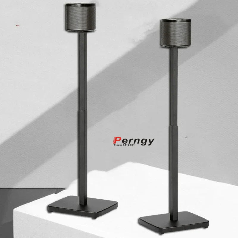 Black metal speaker stands with cylindrical tops in white designed for q90r q950r n950 9500s 9200s sonos play 1 use