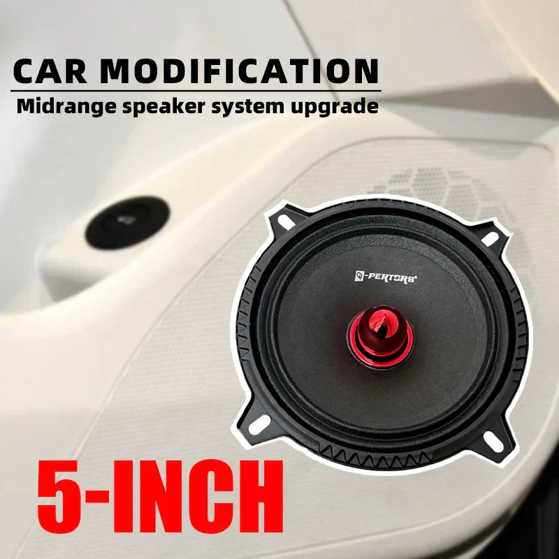 Black 5-inch mid-range car door speaker with red central cone and pertors logo for door speaker surround systems
