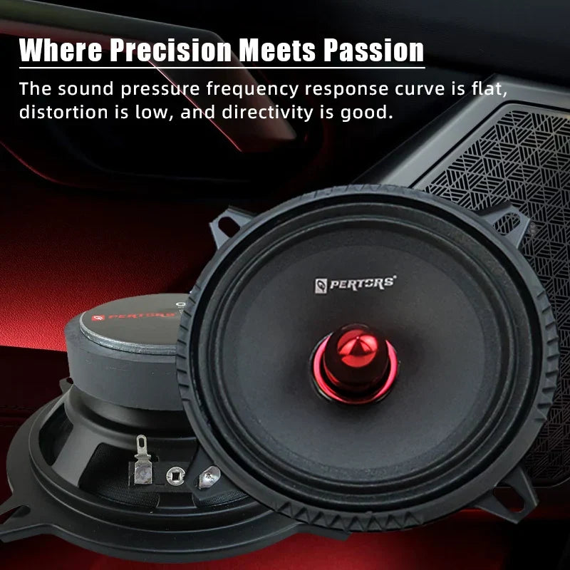 Black car door speaker with red central cone and textured grille mid-range speakers for surround sound systems
