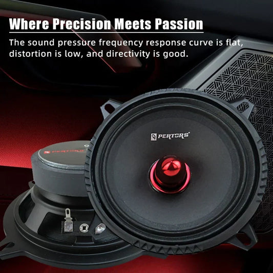 Black car door speaker with red central cone and textured grille mid-range speakers for surround sound systems