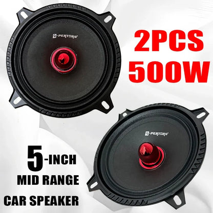 Black and red 5-inch mid-range car door speakers with sleek circular design for door speaker surround sound systems