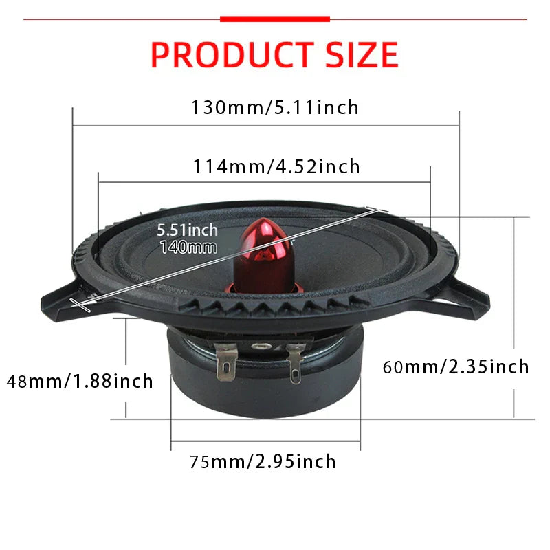 Black car door speaker with red cone and black surround featuring two mounting tabs for mid-range speakers use