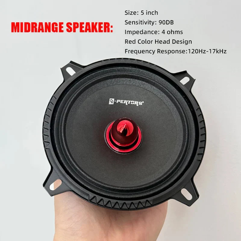 Black and red 5-inch mid-range car door speaker with glossy finish and pertors logo for door speaker surround systems