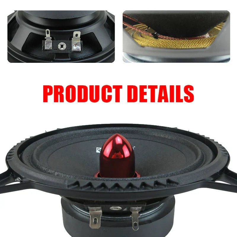 Black car door speaker with shiny red cone and metallic terminals for mid-range speaker surround sound system