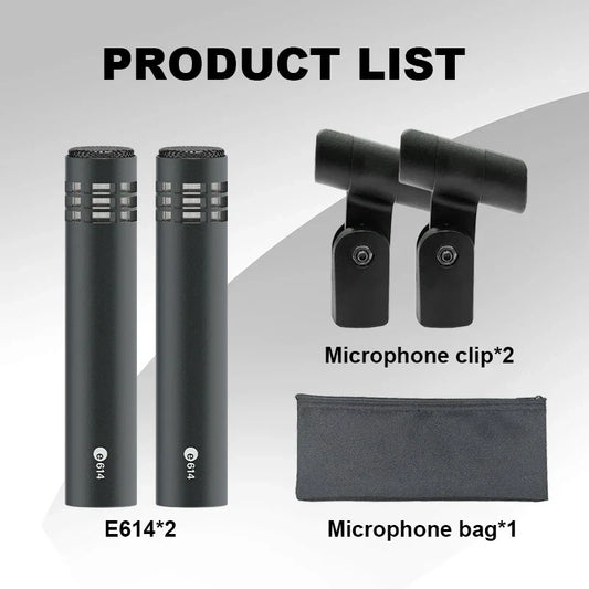 Black e614 supercardioid condenser microphones with silver grille and matte finish for stage performance vocal recording drum mic