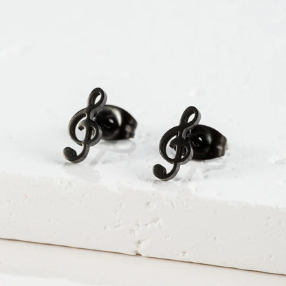 Black stainless steel mini music earrings with sleek charm musical note design small ear studs for women gift