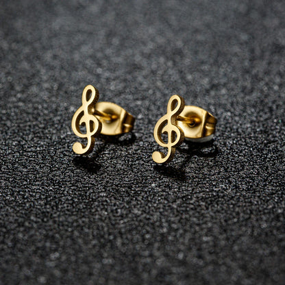 Gold-colored stainless steel mini music earrings shaped like treble clefs small ear studs charm musical note jewelry gift
