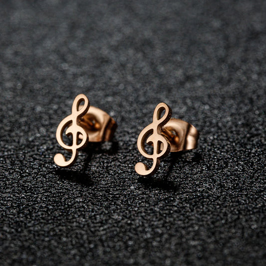 Rose gold stainless steel mini music earrings shaped like charm musical note small ear studs for women gift