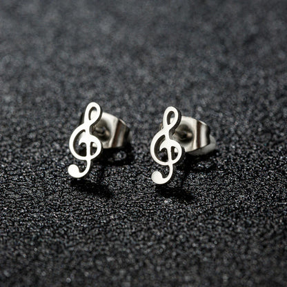 Silver-toned stainless steel mini music earrings with charm musical note design and small ear studs for women gift