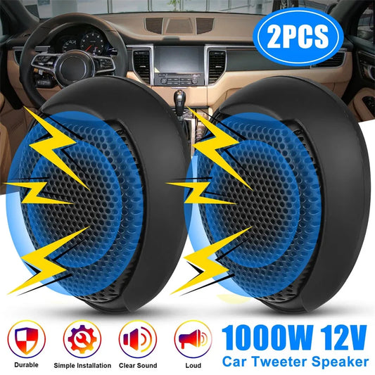 Black car dome tweeter speakers with blue perforated grilles and yellow lightning bolt graphics hiFi level audio quality