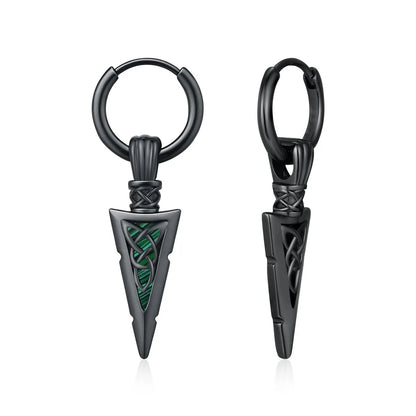 1 pair of black men’s sword-shaped pendant earrings with intricate celtic knotwork and green malachite inlay punk style hip-hop