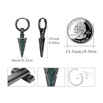 Black arrowhead-shaped men’s sword-shaped pendant earrings with green celtic knot inlay punk style hip-hop pendant earrings retro