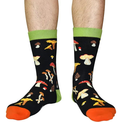Black socks with happy harajuku mushroom letter printed pattern lime green cuffs and orange toes for pair skateboard hip use
