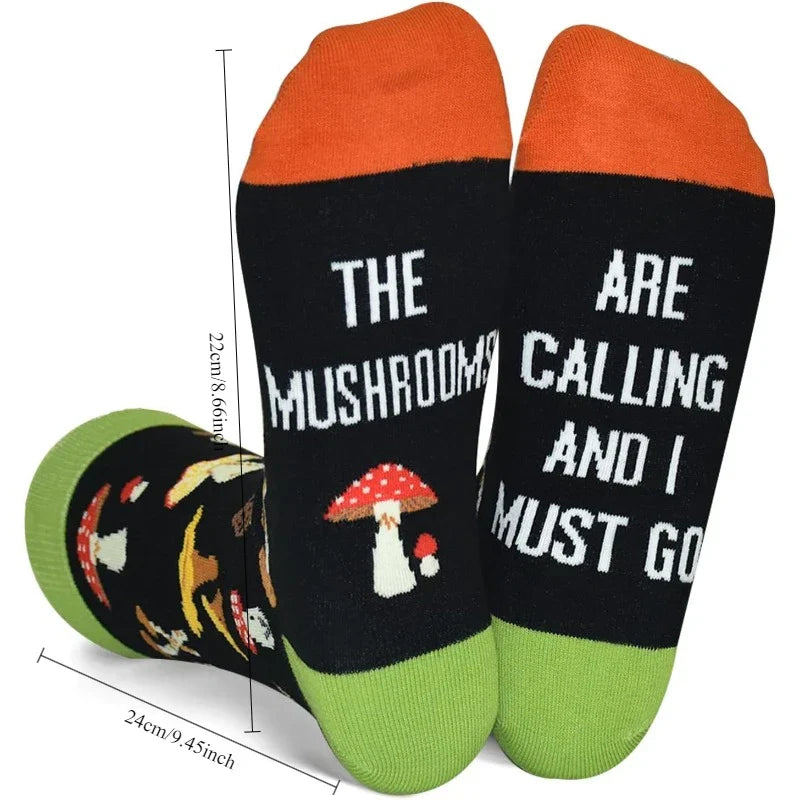 Black socks with orange toes green heels and happy harajuku mushroom letter printed design for pair skateboard hip use