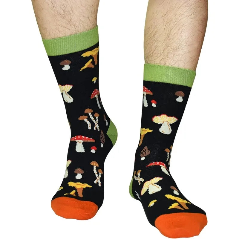 One pair skateboard hip hop socks with black mushroom letter printed design green cuffs and orange toes for happy harajuku style