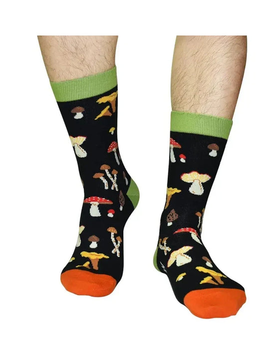Black mushroom-themed socks with green cuffs and orange toes featuring happy harajuku mushroom letter printed design