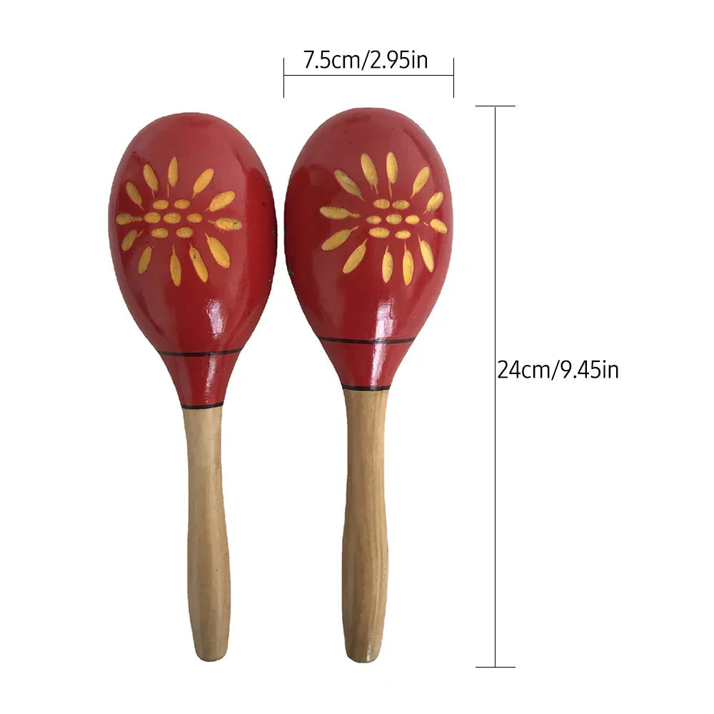 Red hand-painted wooden sand hammer rumba shakers with yellow floral designs for kids musical percussion play