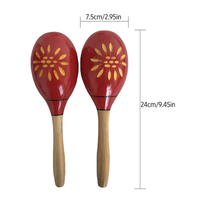 Red hand-painted wooden sand hammer rumba shakers with yellow floral designs for kids musical percussion play