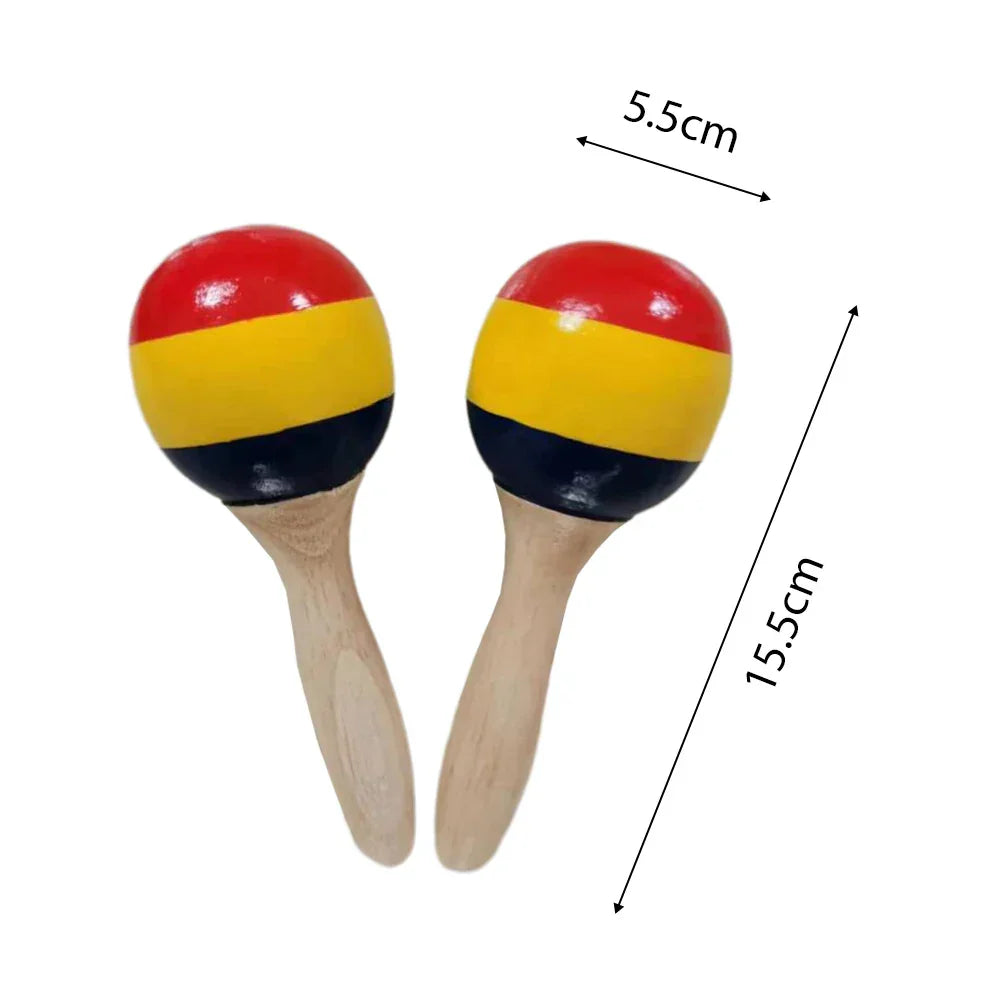 A pair of wooden maracas with glossy red yellow and black stripes perfect as sand hammer rumba shakers rattles