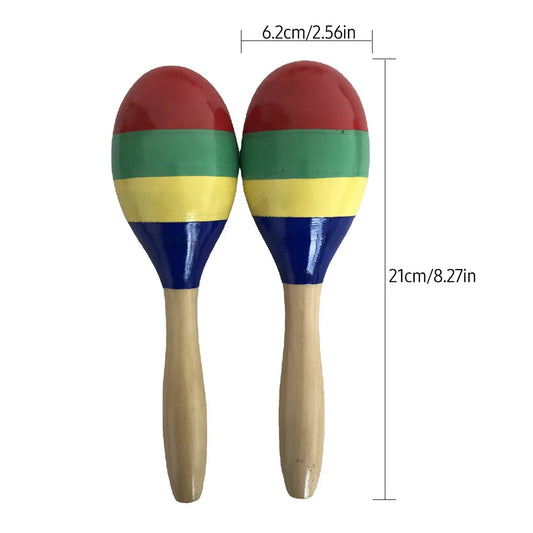 A pair of vibrant hand-painted wooden sand hammer rumba shakers with red green yellow and blue stripes for children