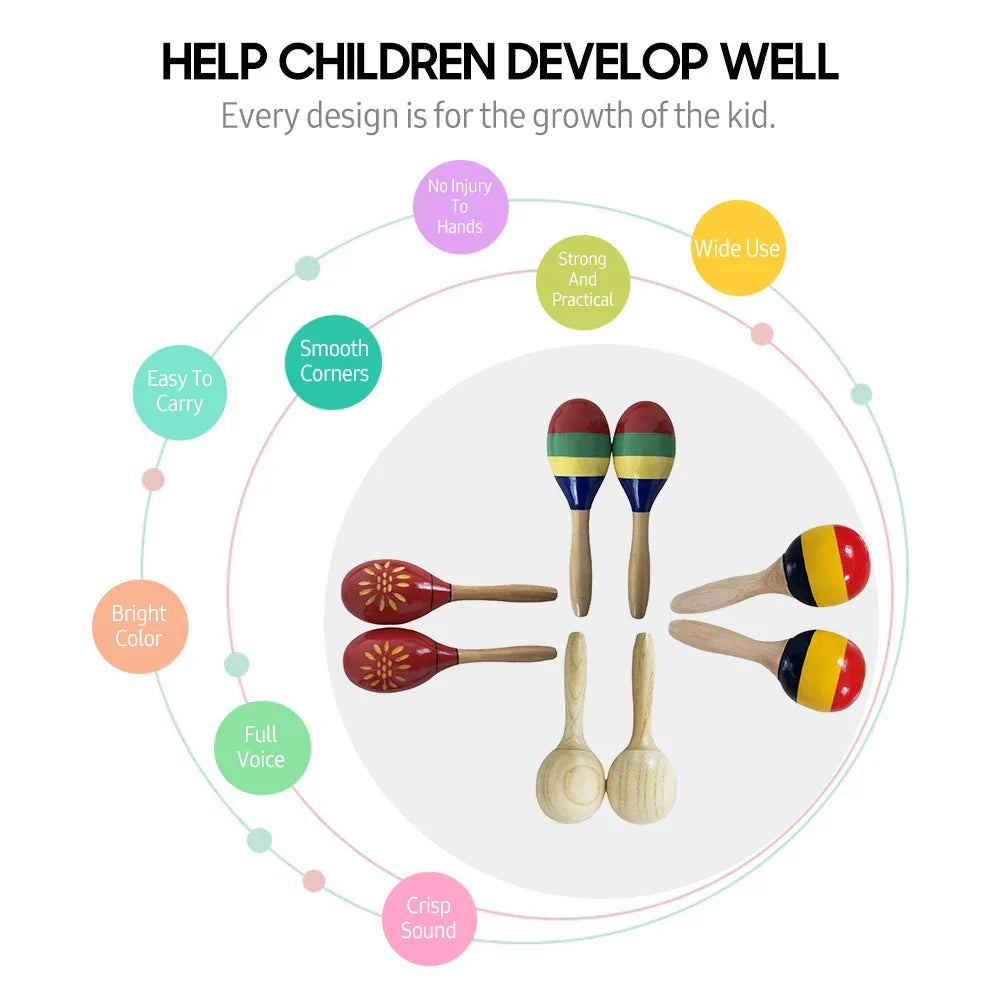 Colorful wooden maracas with painted stripes and floral patterns used as sand hammer rumba shakers rattles for kids