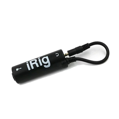 Black irig guitar audio interface with short black cable featuring low background noise and fidelity frosted anti scratch feature