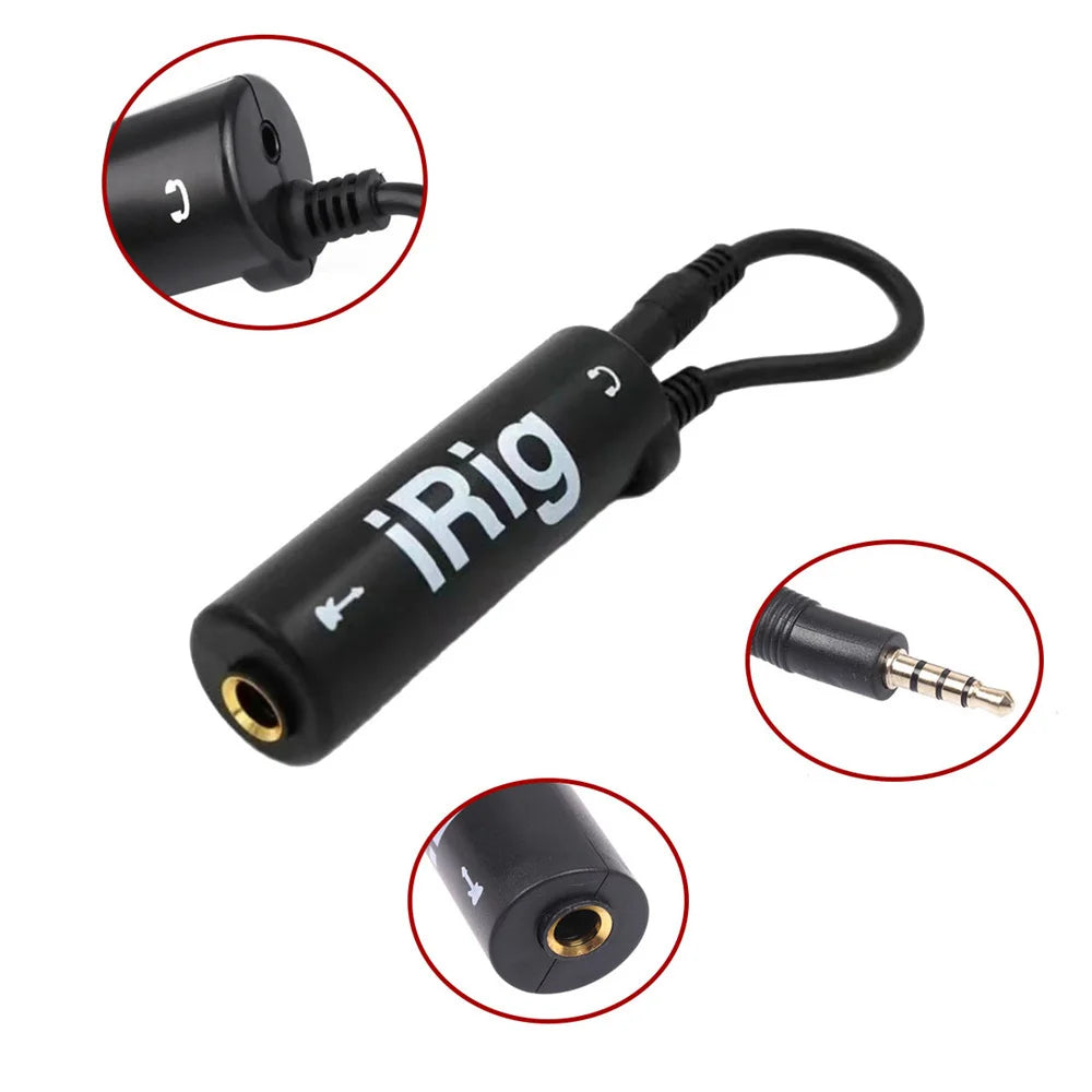 Black irig guitar interface converter with gold-plated 3.5mm jacks coiled cable fidelity frosted anti scratch feature low background noise