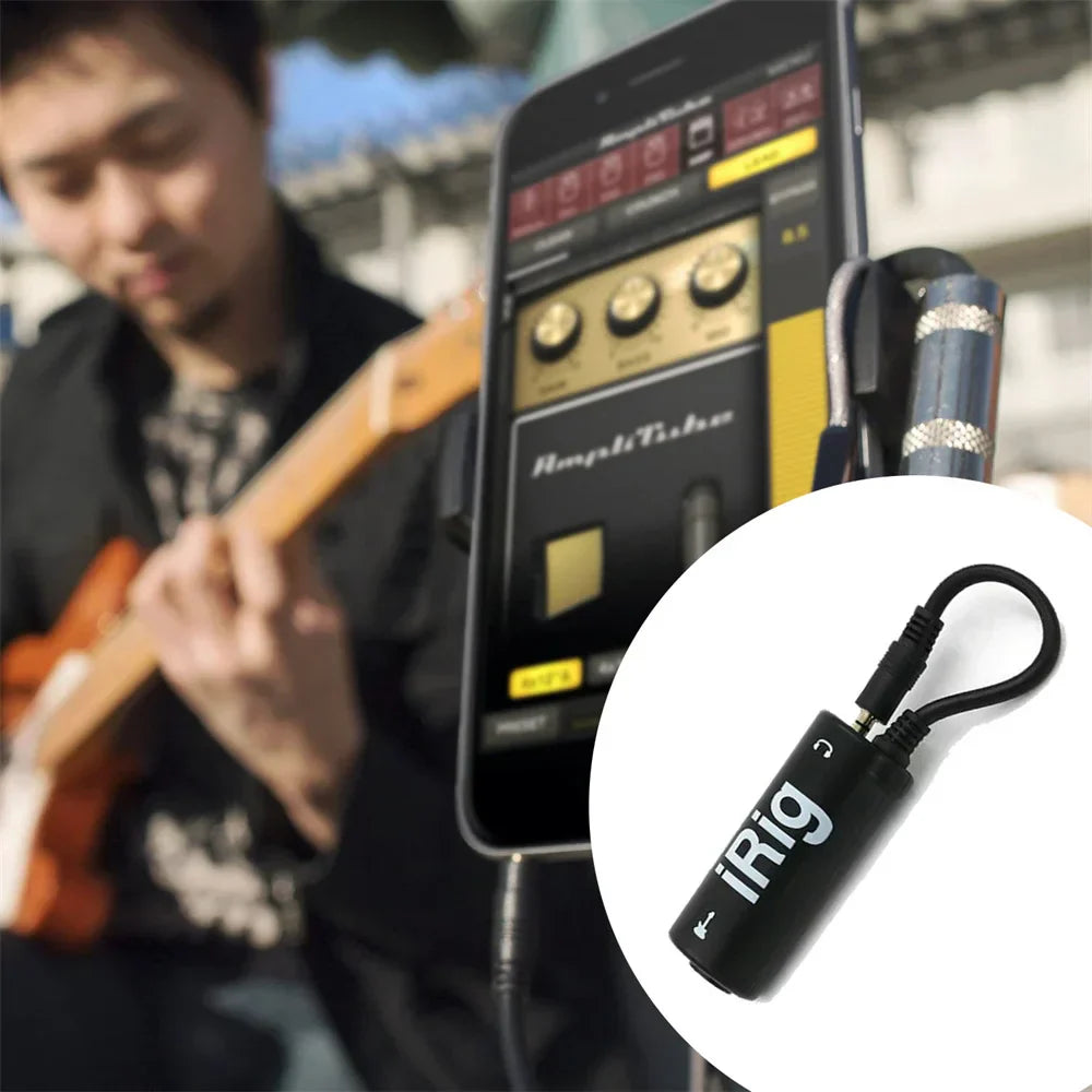Black irig guitar interface converter with looped cable featuring low background noise fidelity frosted anti scratch feature