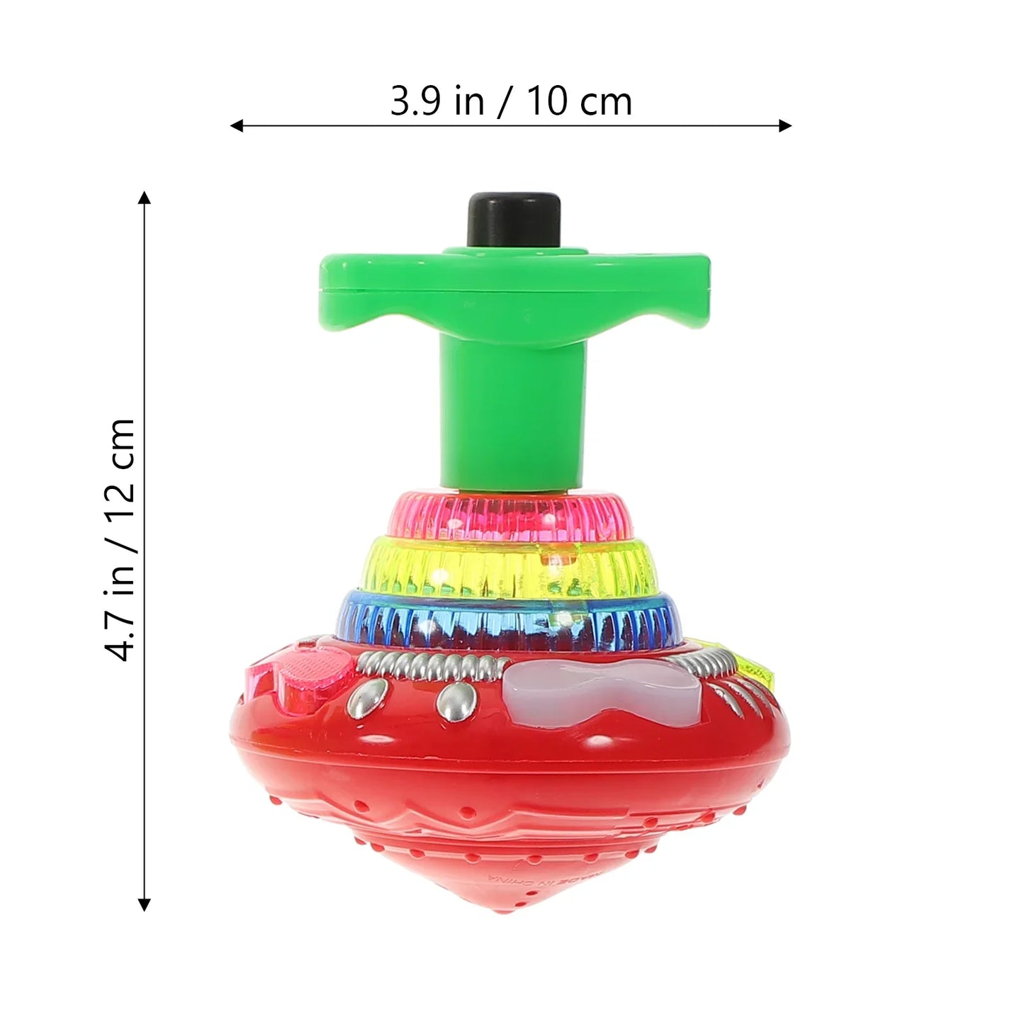 A colorful plastic flashing music spinning top with a green handle luminous rotating gyroscope for gyroscope kids gifts