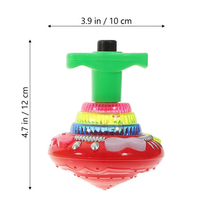 A colorful plastic flashing music spinning top with a green handle luminous rotating gyroscope for gyroscope kids gifts