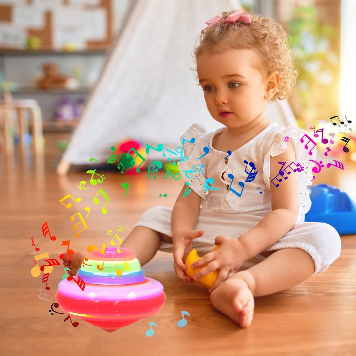 Rainbow-colored luminous rotating gyroscope with flashing music spinning lights and notes, ideal gyroscope kids gifts