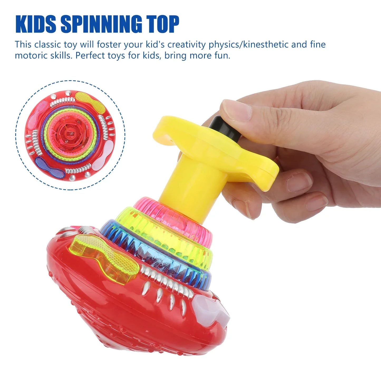 Vibrant red and yellow plastic flashing music spinning top with colorful rings luminous rotating gyroscope kids gifts