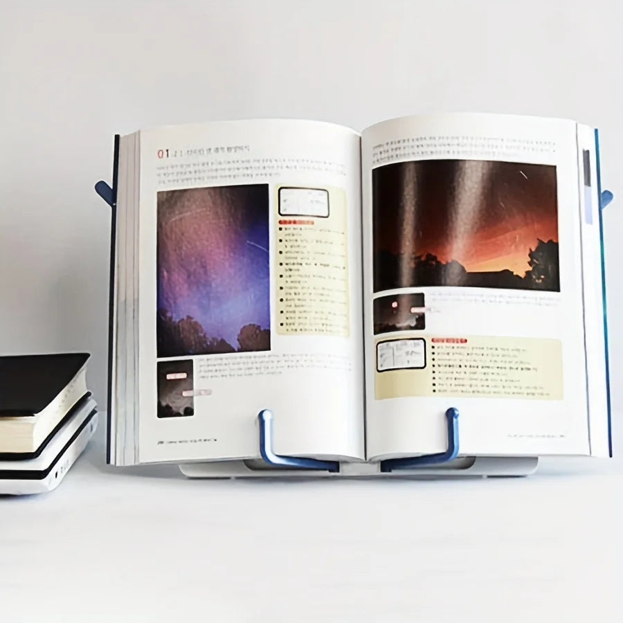 Blue metal lightweight adjustable portable book stand with durable plastic construction holding open book for music score drawing