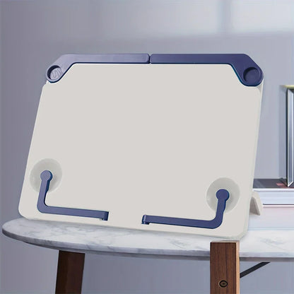 Cream-colored lightweight adjustable portable tablet stand with navy blue suction cup feet for music score drawing durable plastic construction