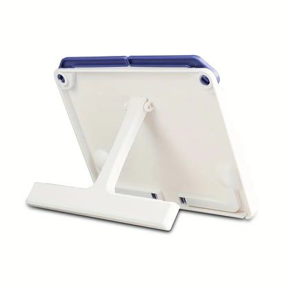 White plastic tablet stand with blue trim and adjustable angle support for lightweight portable use in music score drawing