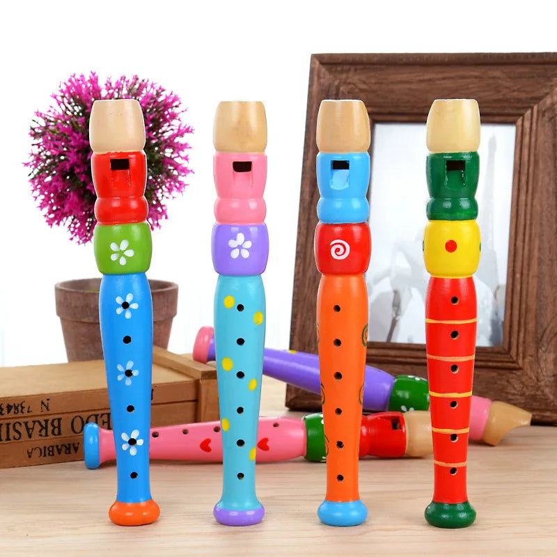 Colorful wooden piccolo flute with painted floral and geometric patterns for kids learning rhythm music toys