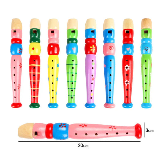 A wooden colorful piccolo flute featuring painted floral and geometric patterns for kids learning rhythm and music education